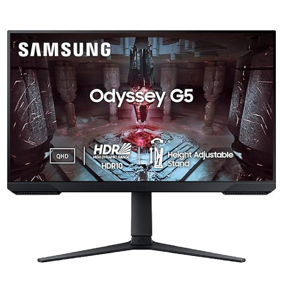 Samsung Odyssey G5 Gaming Monitor 68.5cm (27") QHD 2560 X 1440, 165 Hz, 1ms(MPRT), HDR10, AMD Freesync, DP, HDMI, Height, Tilt, Pivot Adjust Stand, Bezel Less, Eye-Saver, LS27CG510EWXXL, Black